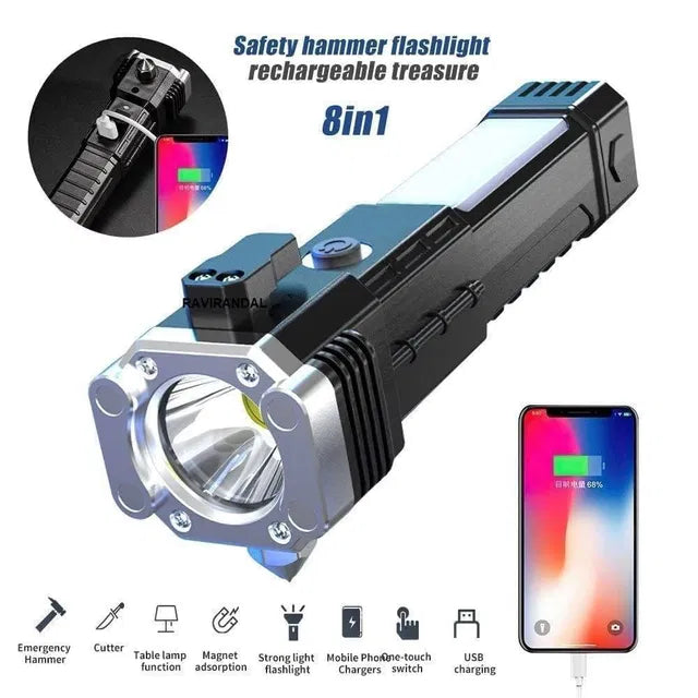 8-in-1 Rechargeable LED Flashlight | Portable Emergency Torch Light